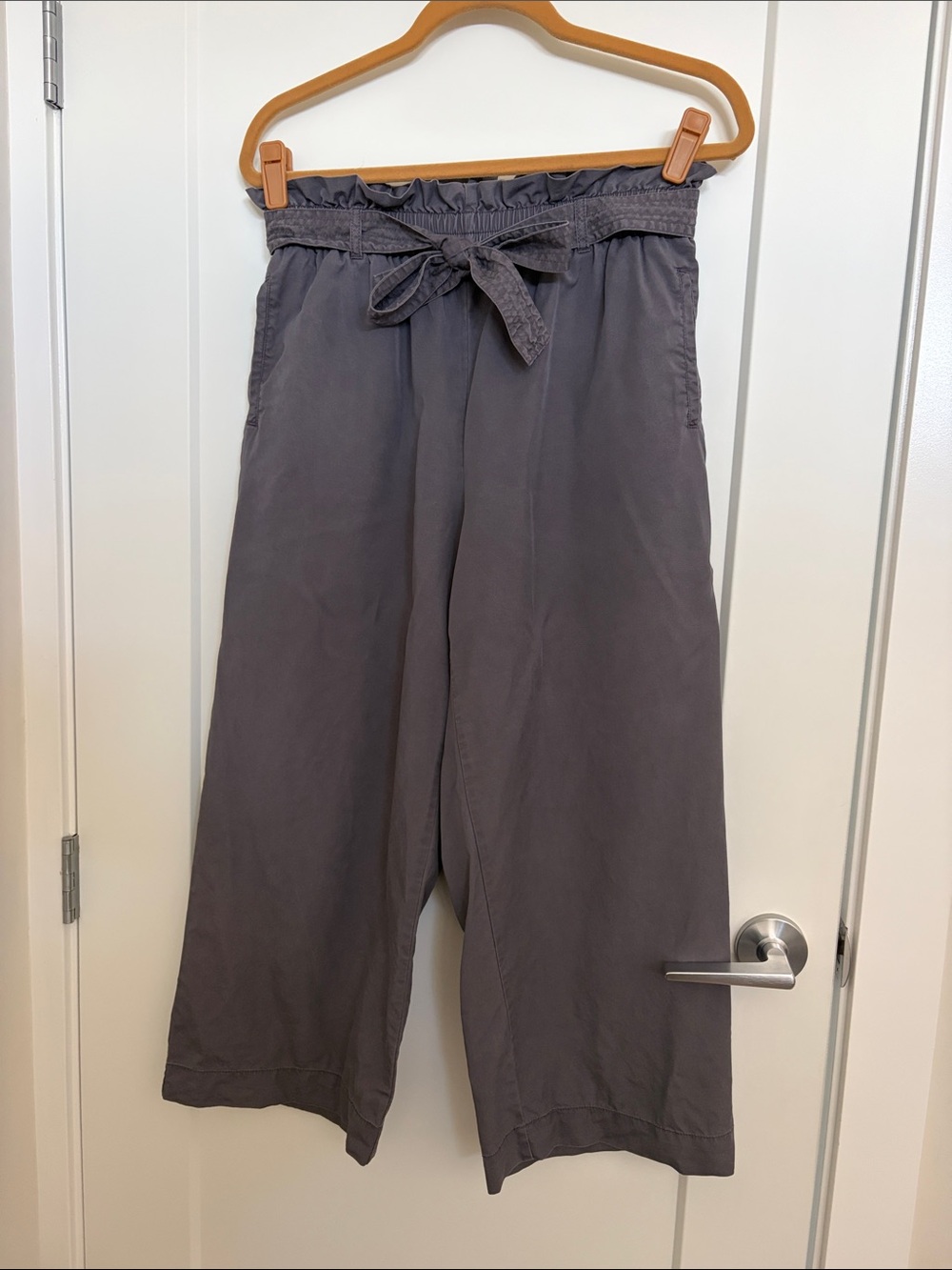 High-Rise Paperbag Cropped Wide-Leg Pants — Charcoal Gray